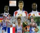 Christophe Lemaitre 200 m şampiyonu Christian Malcolm ve Martial Mbandjock (2 ve 3) Avrupa Atletizm Şampiyonası&#039;nda Barcelona 2010 &#039;in